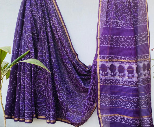 Hand block Ajrkh Bagru Dabu printed chanderi silk Saree