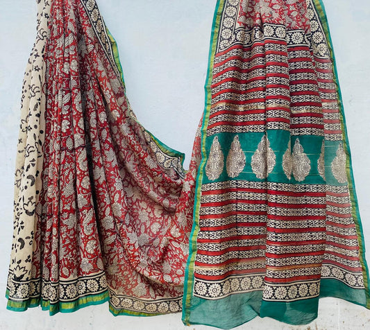 Hand block Ajrkh Bagru Dabu printed chanderi silk Saree