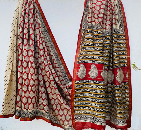 Hand block Ajrkh Bagru Dabu printed chanderi silk Saree