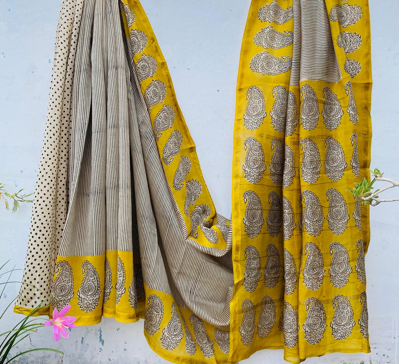 Hand block Ajrkh Bagru Dabu printed chanderi silk Saree