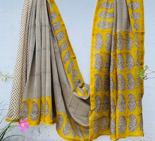 Hand block Ajrkh Bagru Dabu printed chanderi silk Saree
