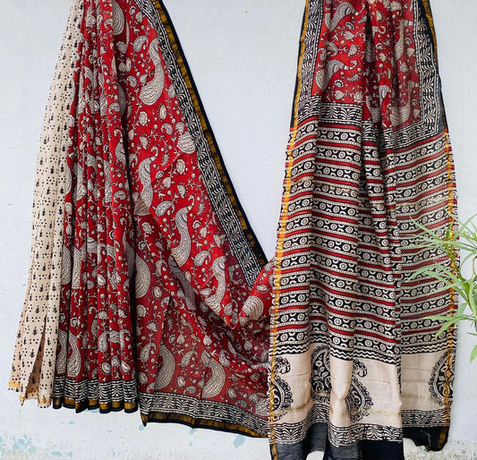 Hand block Ajrkh Bagru Dabu printed chanderi silk Saree