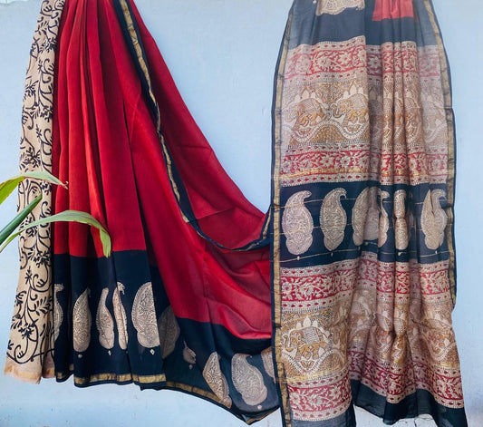 Hand block Ajrkh Bagru Dabu printed chanderi silk Saree