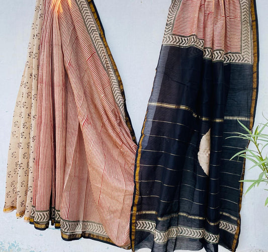 Hand block Ajrkh Bagru Dabu printed chanderi silk Saree