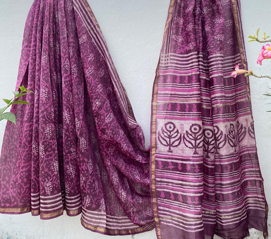 Hand block Ajrkh Bagru Dabu printed chanderi silk Saree