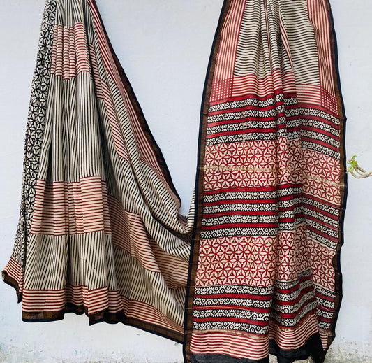 Hand block Ajrkh Bagru Dabu printed chanderi silk Saree