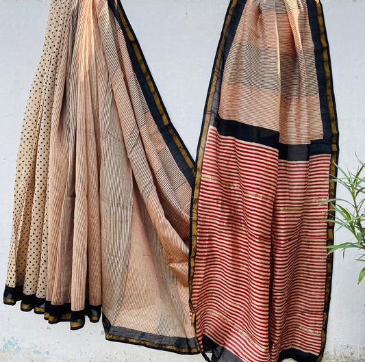 Hand block Ajrkh Bagru Dabu printed chanderi silk Saree