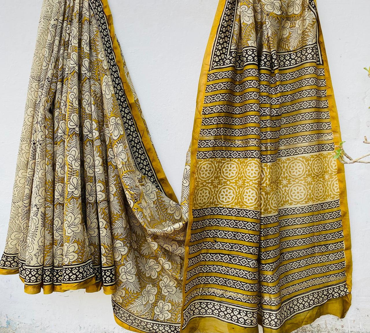 Hand block Ajrkh Bagru Dabu printed chanderi silk Saree