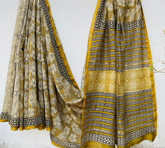 Hand block Ajrkh Bagru Dabu printed chanderi silk Saree