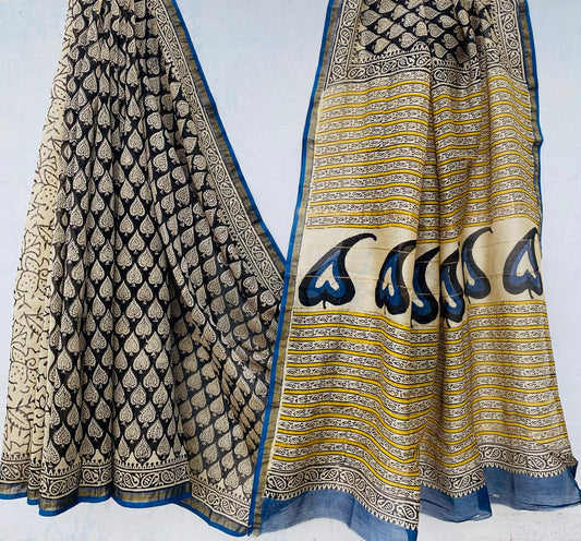 Hand block Ajrkh Bagru Dabu printed chanderi silk Saree