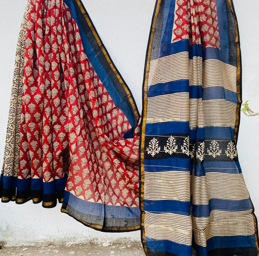 Hand block Ajrkh Bagru Dabu printed chanderi silk Saree