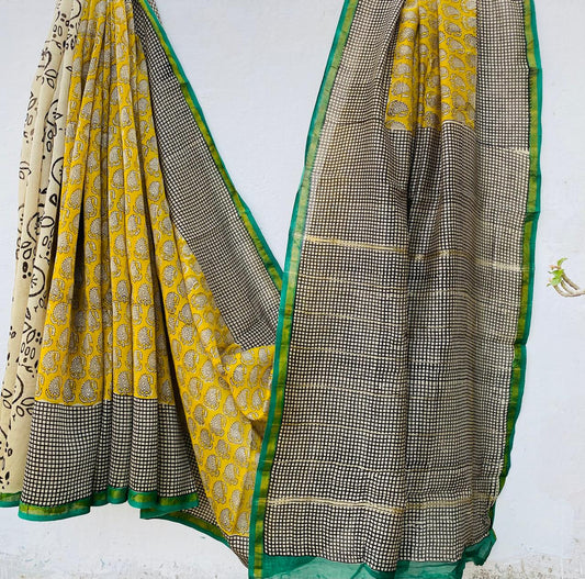Hand block Ajrkh Bagru Dabu printed chanderi silk Saree