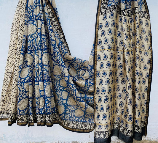 Hand block Ajrkh Bagru Dabu printed chanderi silk Saree