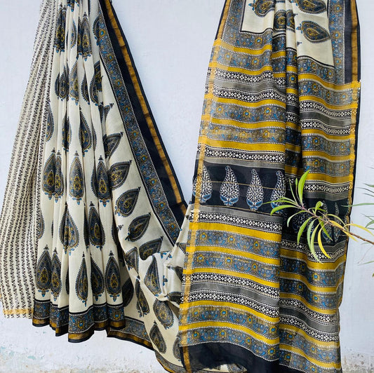Hand block Ajrkh Bagru Dabu printed chanderi silk Saree