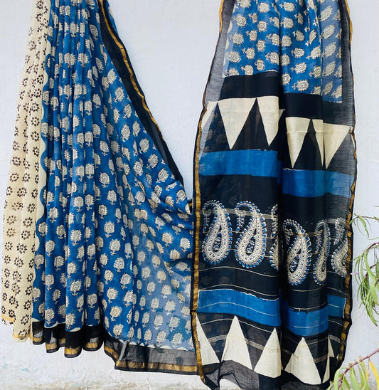 Hand block Ajrkh Bagru Dabu printed chanderi silk Saree