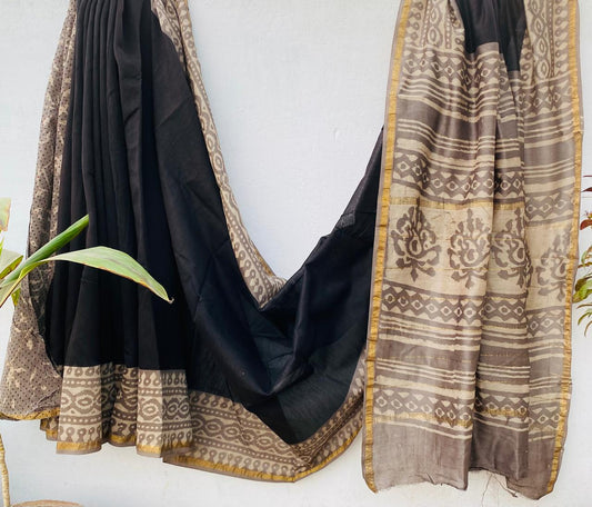 Hand block Ajrkh Bagru Dabu printed chanderi silk Saree