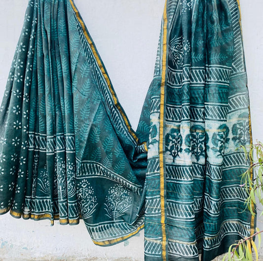 Hand block Ajrkh Bagru Dabu printed chanderi silk Saree