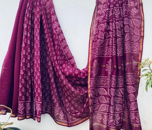 Hand block Ajrkh Bagru Dabu printed chanderi silk Saree