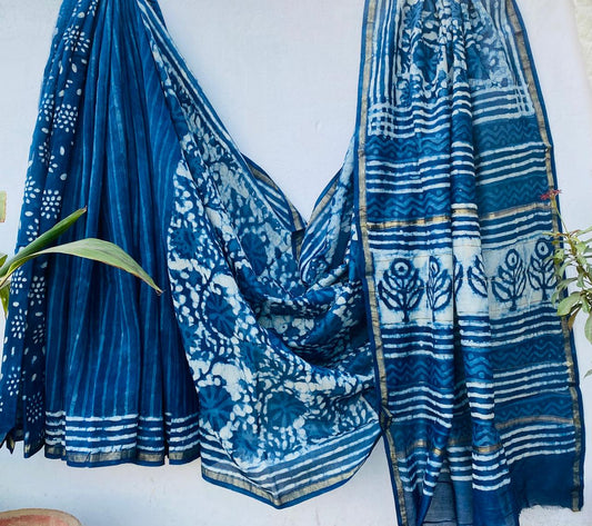 Hand block Ajrkh Bagru Dabu printed chanderi silk Saree