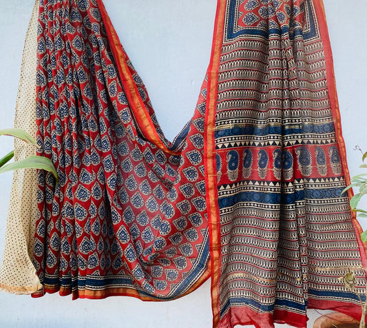 Hand block Ajrkh Bagru Dabu printed chanderi silk Saree