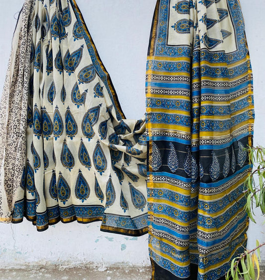 Hand block Ajrkh Bagru Dabu printed chanderi silk Saree