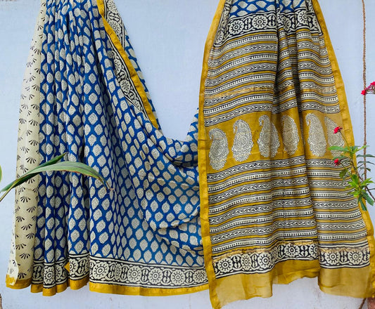 Hand block Ajrkh Bagru Dabu printed chanderi silk Saree