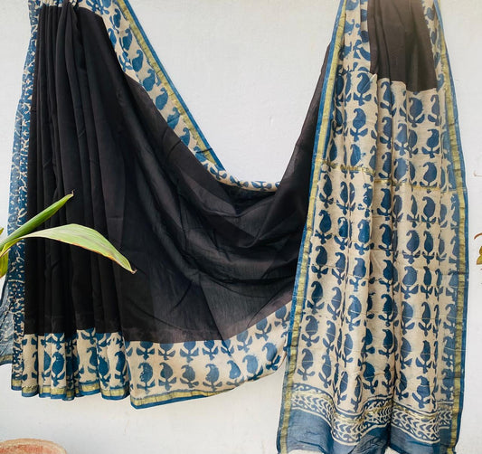 Hand block Ajrkh Bagru Dabu printed chanderi silk Saree