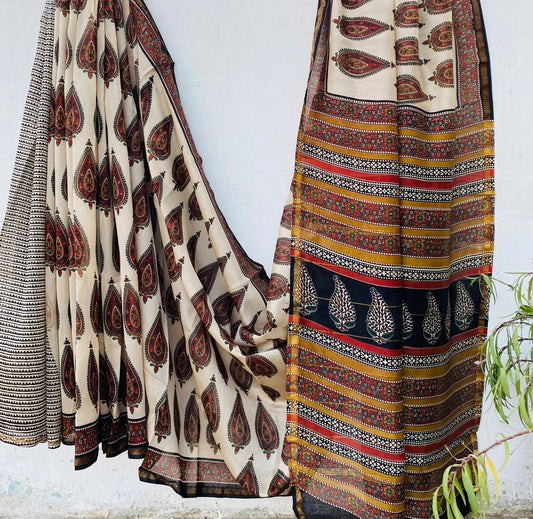 Hand block Ajrkh Bagru Dabu printed chanderi silk Saree