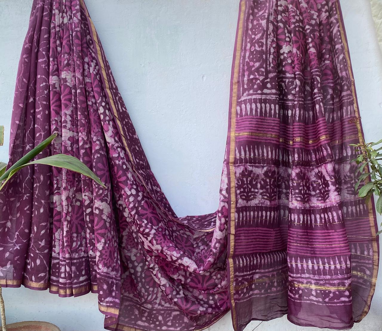 Hand block Ajrkh Bagru Dabu printed chanderi silk Saree