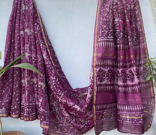 Hand block Ajrkh Bagru Dabu printed chanderi silk Saree