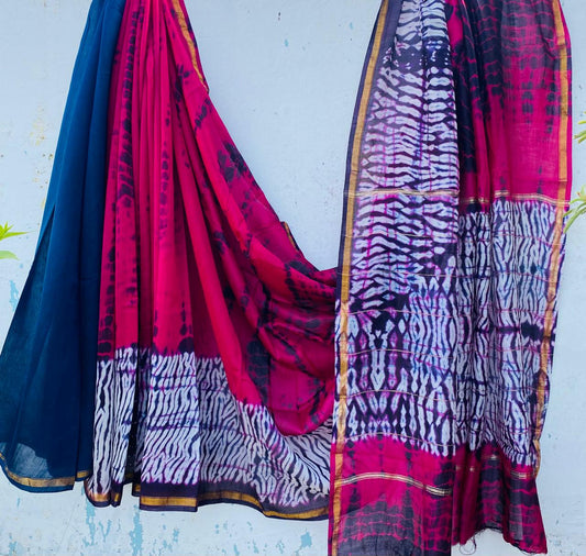 Hand block Ajrkh Bagru Dabu printed chanderi silk Saree