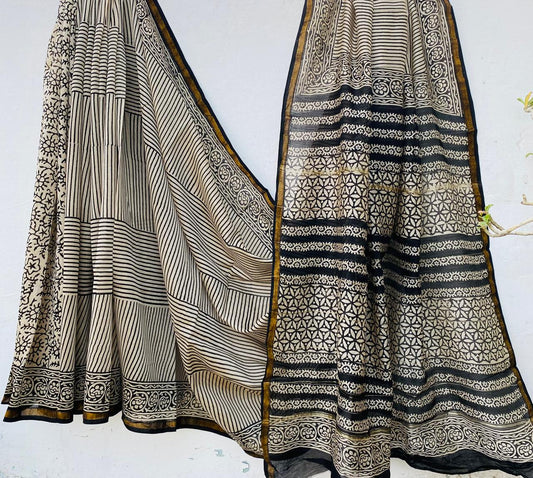Hand block Ajrkh Bagru Dabu printed chanderi silk Saree