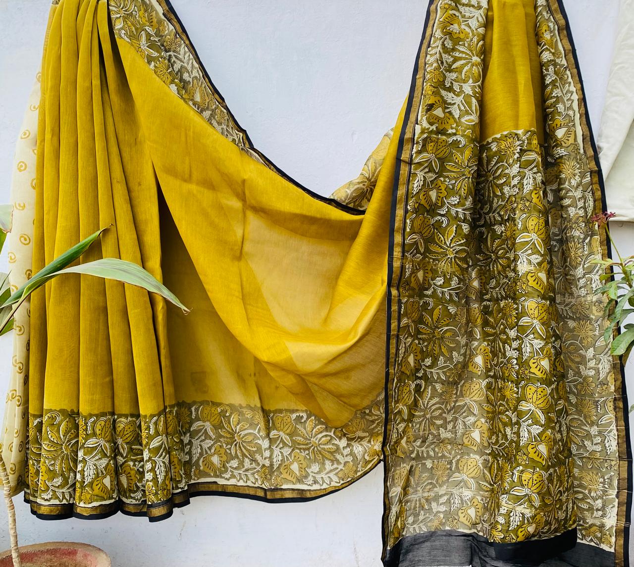 Hand block Ajrkh Bagru Dabu printed chanderi silk Saree