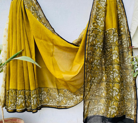 Hand block Ajrkh Bagru Dabu printed chanderi silk Saree