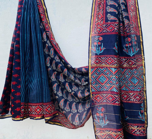 Hand block Ajrkh Bagru Dabu printed chanderi silk Saree