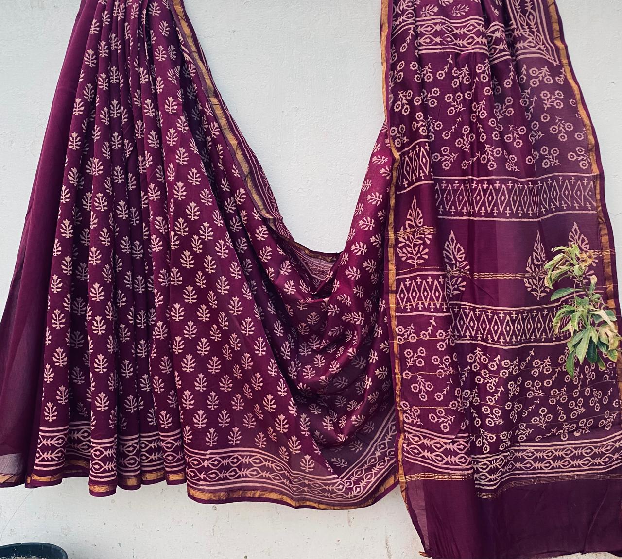 Hand block Ajrkh Bagru Dabu printed chanderi silk Saree