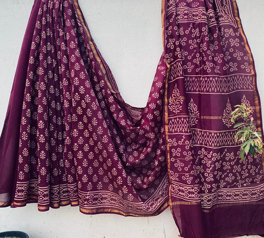 Hand block Ajrkh Bagru Dabu printed chanderi silk Saree