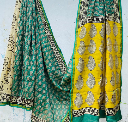 Hand block Ajrkh Bagru Dabu printed chanderi silk Saree