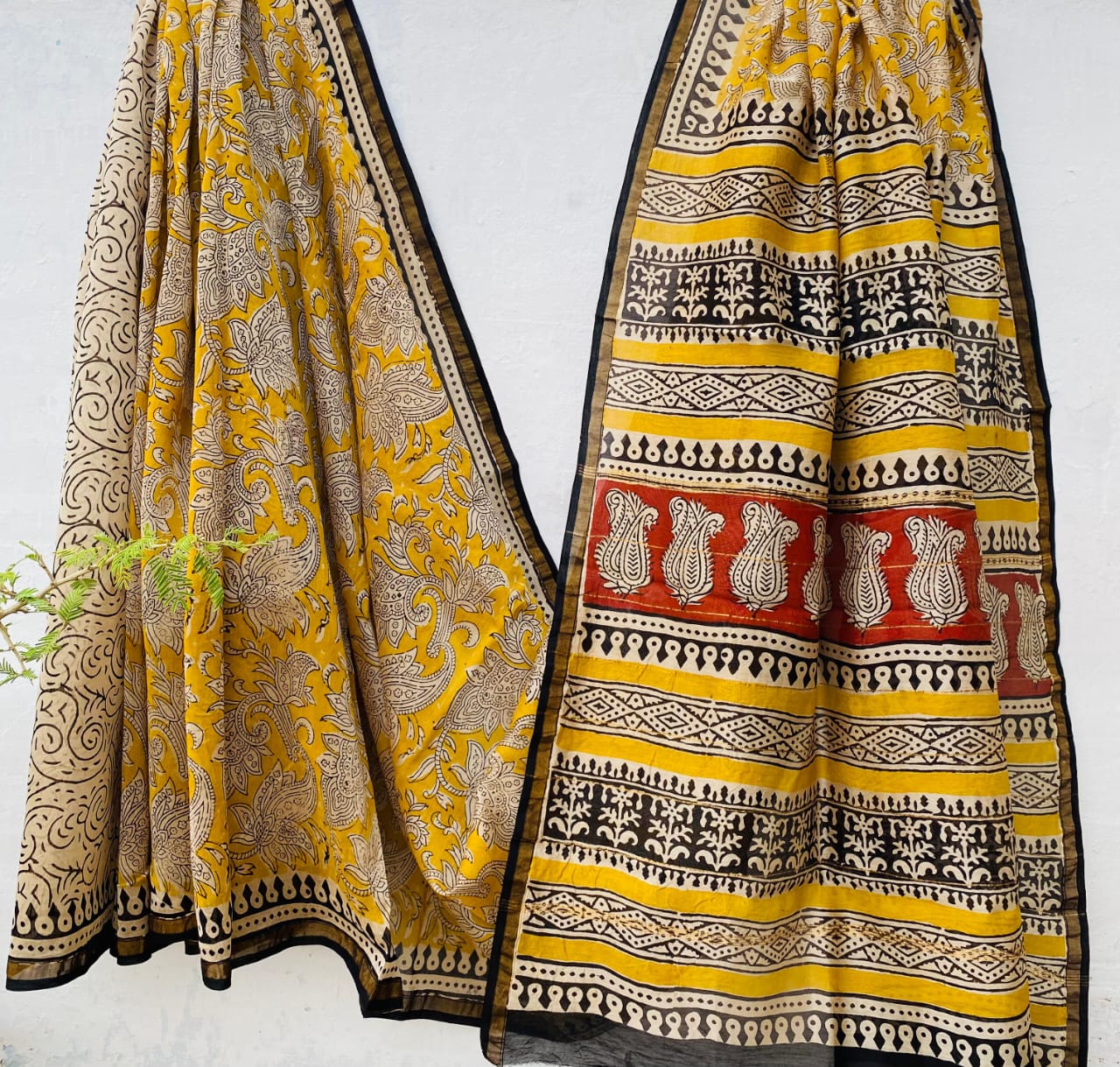 Hand block Ajrkh Bagru Dabu printed chanderi silk Saree