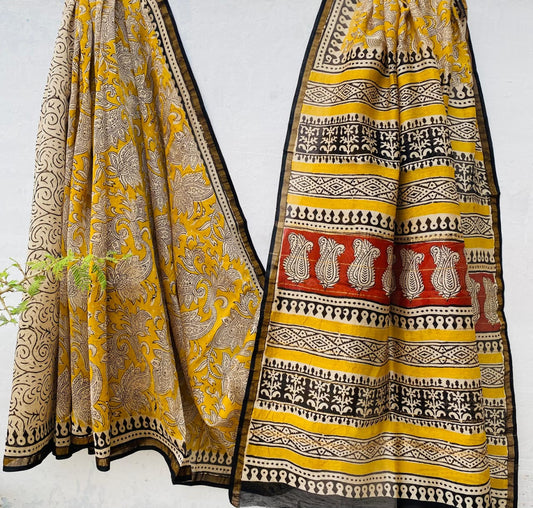 Hand block Ajrkh Bagru Dabu printed chanderi silk Saree