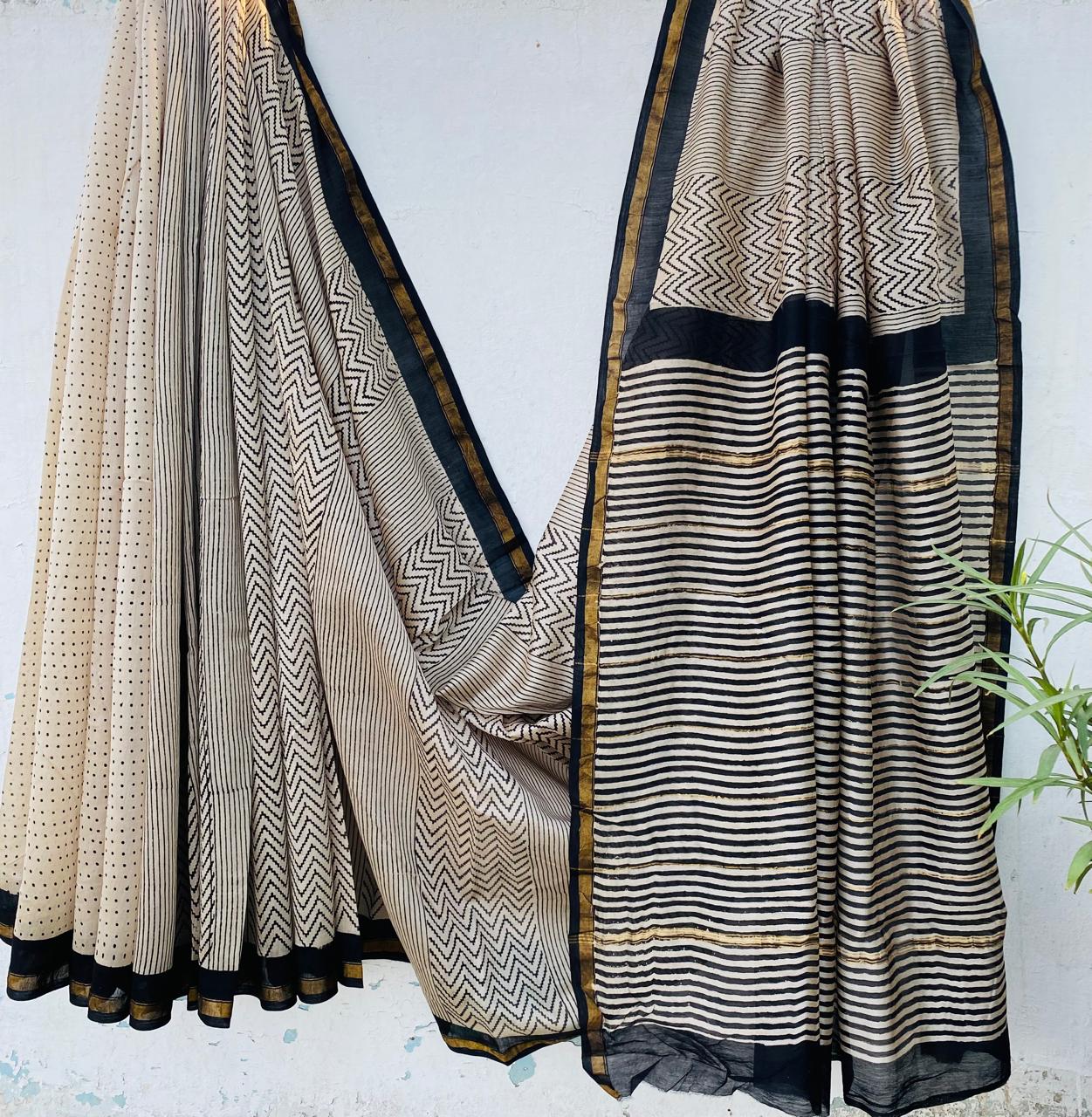 Hand block Ajrkh Bagru Dabu printed chanderi silk Saree