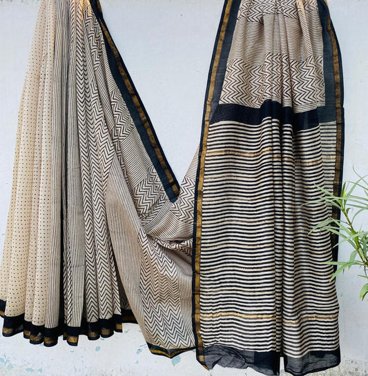 Hand block Ajrkh Bagru Dabu printed chanderi silk Saree