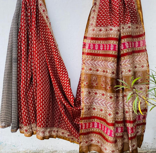 Hand block Ajrkh Bagru Dabu printed chanderi silk Saree