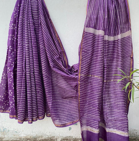 Hand block Ajrkh Bagru Dabu printed chanderi silk Saree