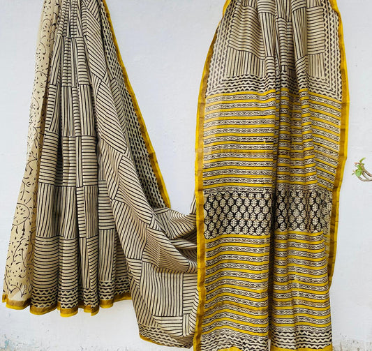 Hand block Ajrkh Bagru Dabu printed chanderi silk Saree