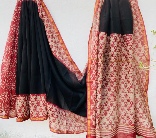 Hand block Ajrkh Bagru Dabu printed chanderi silk Saree