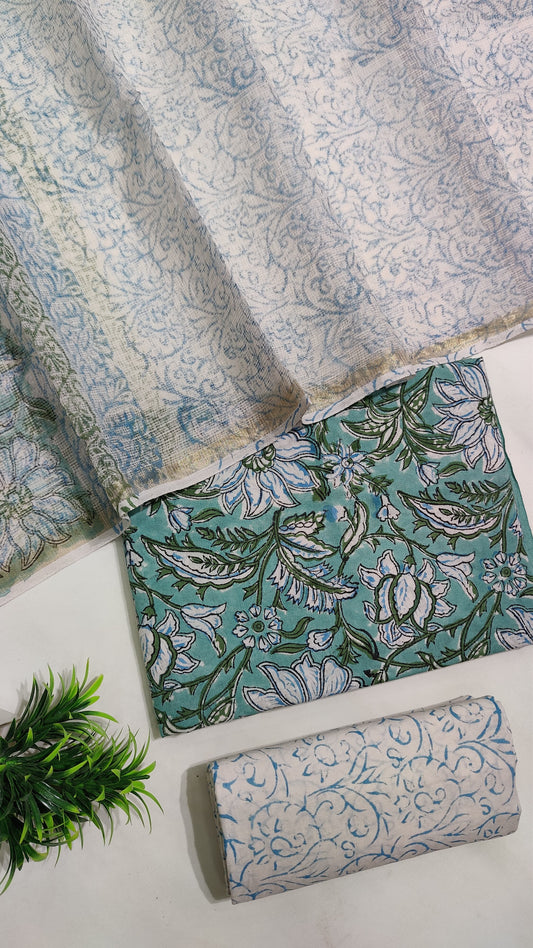 Hand Block Printed Pure Cotton Suit Set with Kota Dupatta