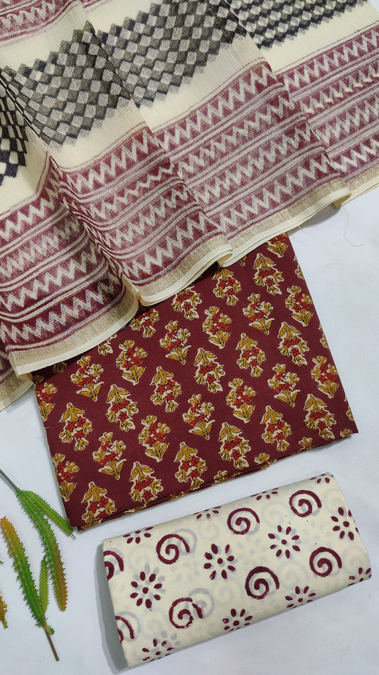 Hand Block Printed Pure Cotton Suit Set with Kota Dupatta