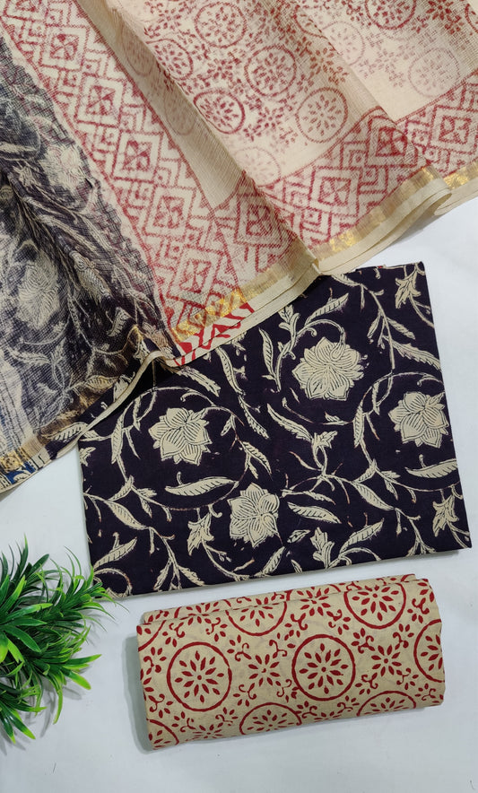 Hand Block Printed Pure Cotton Suit Set with Kota Dupatta
