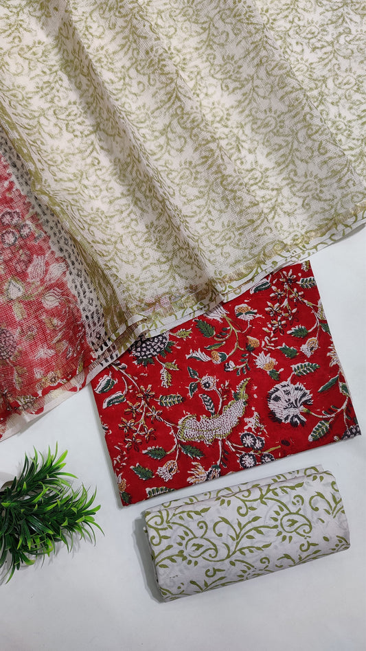 Hand Block Printed Pure Cotton Suit Set with Kota Dupatta